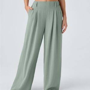 HALARA Wide-Leg Palazzo Linen Pleated Pants in Sage
